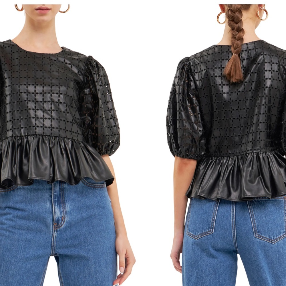 NWT! ENGLISH FACTORY Puff Sleeve Eyelet Faux Leather Top
